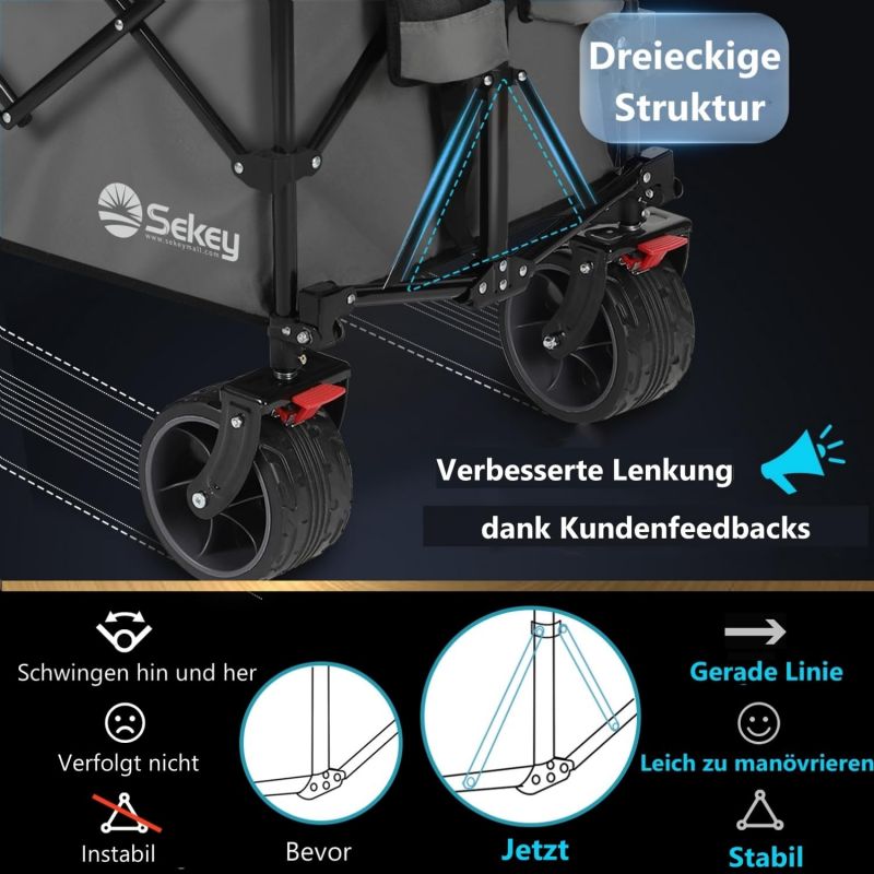 Sekey 200L / 150KG Foldable Handcart, Patented Foldable from Four Directions, with Brakes and Extra Wide Wheels