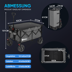 Sekey 200L / 150KG Faltbarer Bollerwagen, Patentiert Zusammenfaltbar aus Vier Richtungen, mit Bremsen Rädern