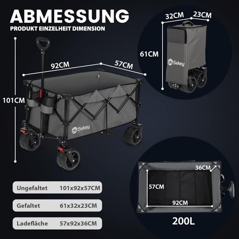 Sekey 200L / 150KG Foldable Handcart, Patented Foldable from Four Directions, with Brakes and Extra Wide Wheels