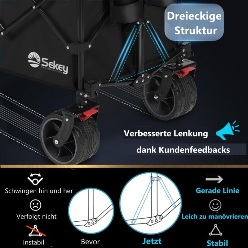 Sekey 200L / 150KG Foldable Handcart, Patented Foldable from Four Directions, with Brakes and Extra Wide Wheels