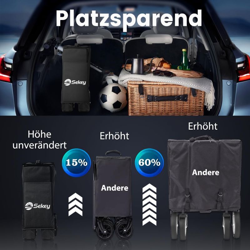 Sekey 200L / 150KG Foldable Handcart, Patented Foldable from Four Directions, with Brakes and Extra Wide Wheels