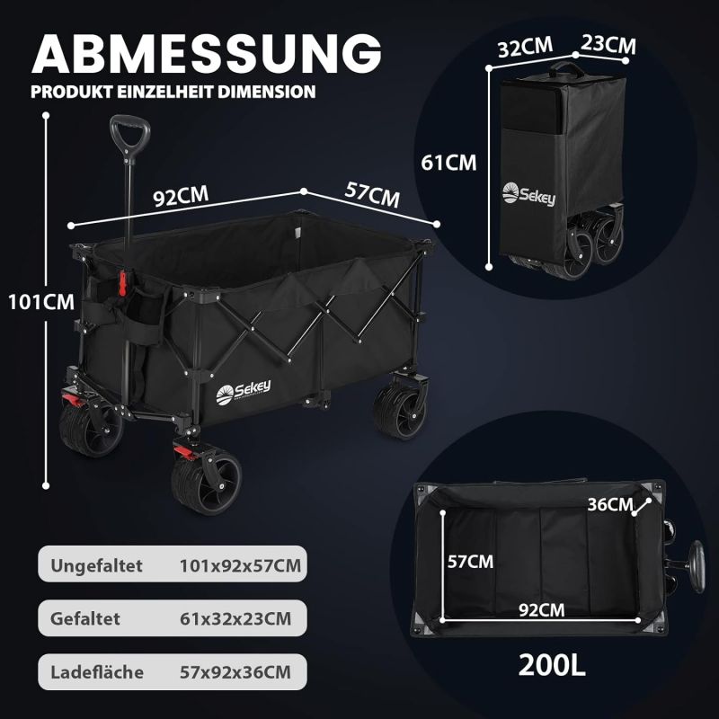 Sekey 200L / 150KG Foldable Handcart, Patented Foldable from Four Directions, with Brakes and Extra Wide Wheels