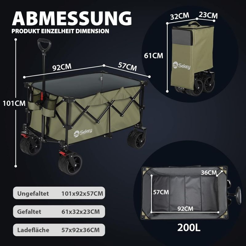 Sekey 200L / 150KG Foldable Handcart, Patented Foldable from Four Directions, with Brakes and Extra Wide Wheels