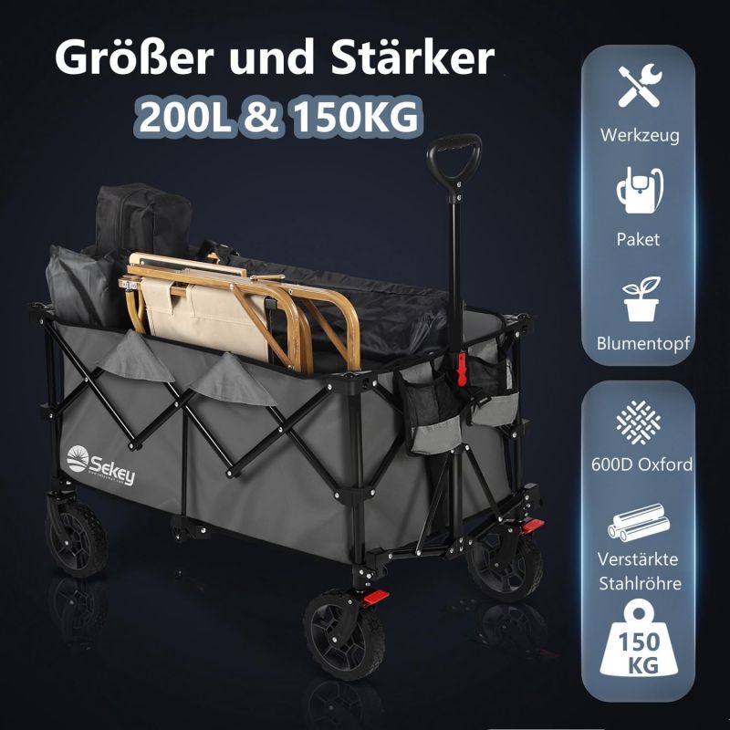 Sekey 200L / 150KG Foldable Handcart, Patented Foldable from Four Directions, with Brakes