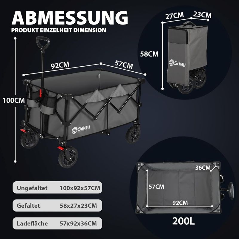 Sekey 200L / 150KG Foldable Handcart, Patented Foldable from Four Directions, with Brakes