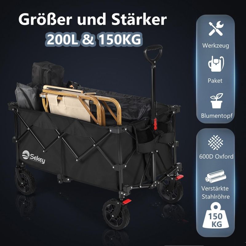 Sekey 200L / 150KG Foldable Handcart, Patented Foldable from Four Directions, with Brakes