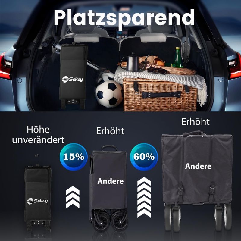 Sekey 200L / 150KG Foldable Handcart, Patented Foldable from Four Directions, with Brakes