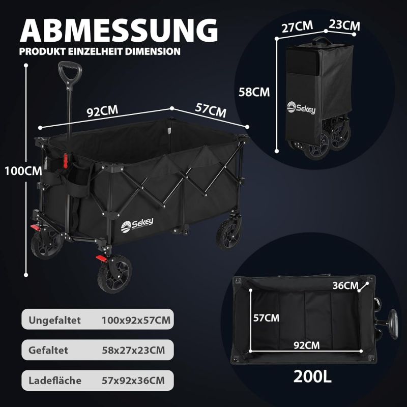 Sekey 200L / 150KG Foldable Handcart, Patented Foldable from Four Directions, with Brakes