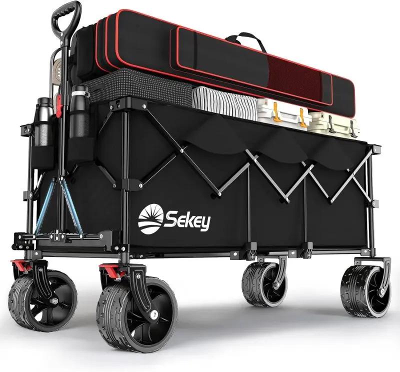 Sekey 300L / 150KG Faltbarer Bollerwagen, Patentiert Zusammenfaltbar aus Vier Richtungen, mit Bremsen und Extra Breiten Rädern Sekey