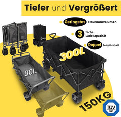 Sekey 300L / 150KG Faltbarer Bollerwagen, Patentiert Zusammenfaltbar aus Vier Richtungen, mit Bremsen und Extra Breiten Rädern