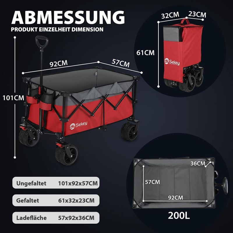 Sekey 200L / 150KG Foldable Handcart, Patented Foldable from Four Directions, with Brakes and Extra Wide Wheels