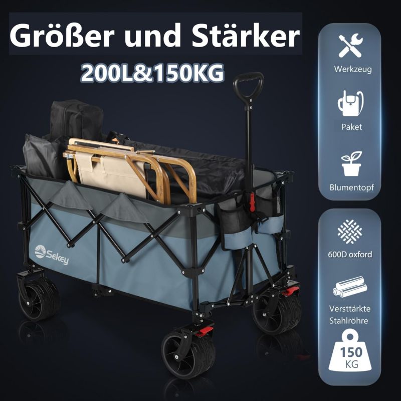 Sekey 200L / 150KG Foldable Handcart, Patented Foldable from Four Directions, with Brakes and Extra Wide Wheels