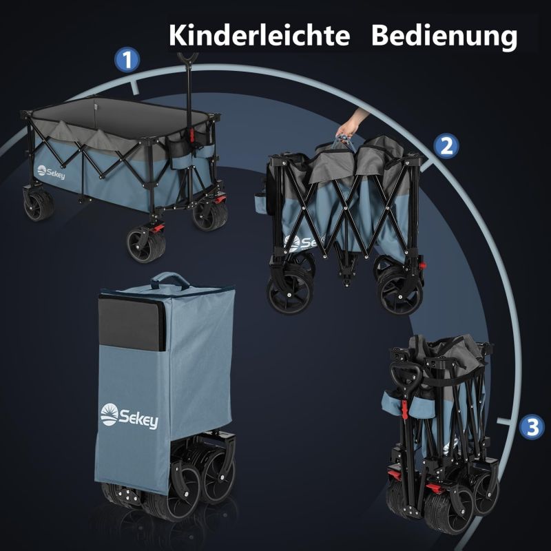 Sekey 200L / 150KG Foldable Handcart, Patented Foldable from Four Directions, with Brakes and Extra Wide Wheels