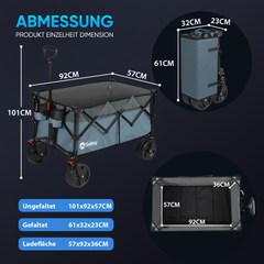 Sekey 200L / 150KG Faltbarer Bollerwagen, Patentiert Zusammenfaltbar aus Vier Richtungen, mit Bremsen Rädern
