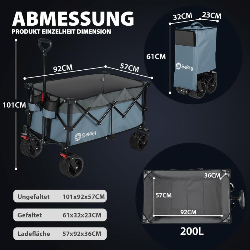 Sekey 200L / 150KG Foldable Handcart, Patented Foldable from Four Directions, with Brakes and Extra Wide Wheels