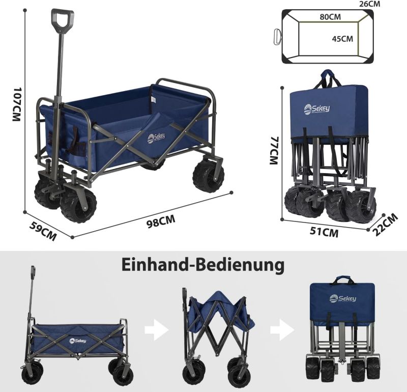 Sekey 94L / 200KG Foldable Handcart, with Brakes and Extra Wide Wheels