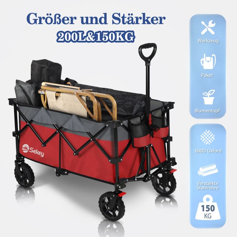 Sekey 200L / 150KG Foldable Handcart, Patented Foldable from Four Directions, with Brakes