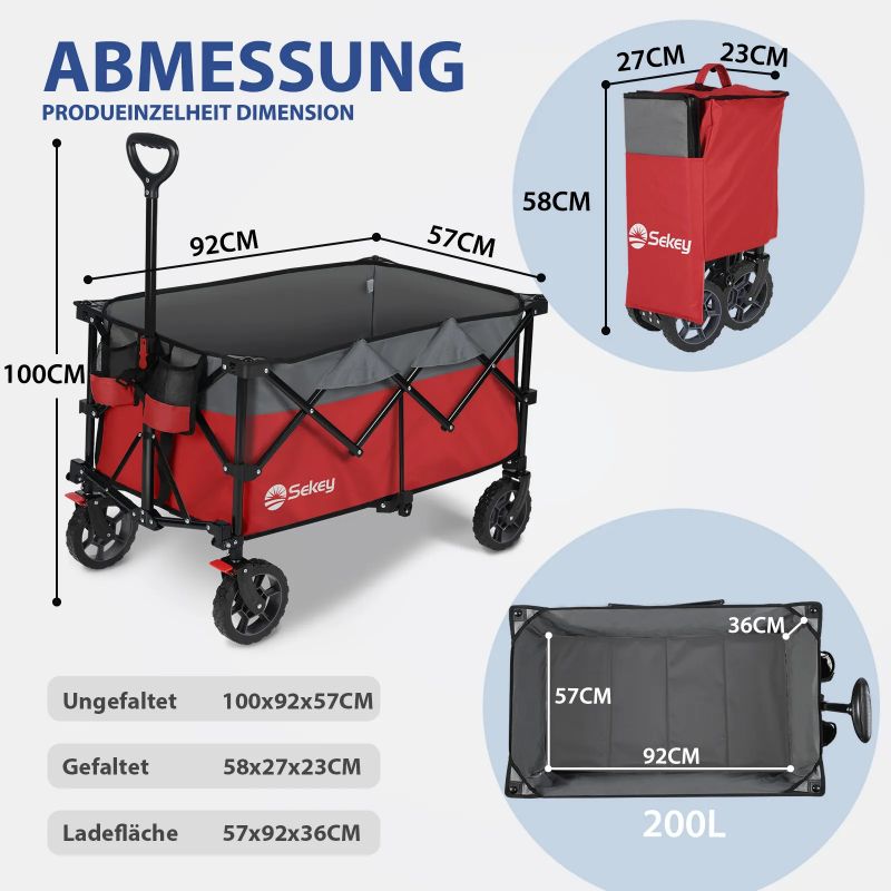 Sekey 200L / 150KG Foldable Handcart, Patented Foldable from Four Directions, with Brakes