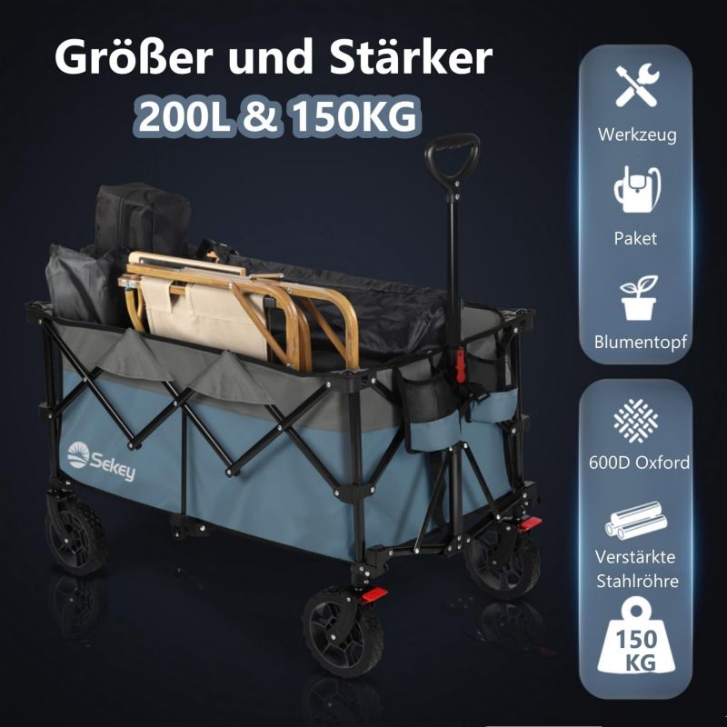 Sekey 200L / 150KG Foldable Handcart, Patented Foldable from Four Directions, with Brakes