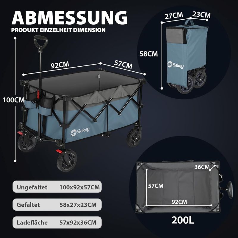 Sekey 200L / 150KG Foldable Handcart, Patented Foldable from Four Directions, with Brakes