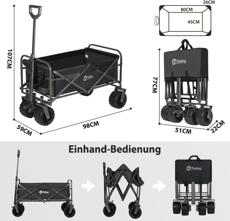 Sekey 94L / 200KG Foldable Handcart, with Brakes and Extra Wide Wheels