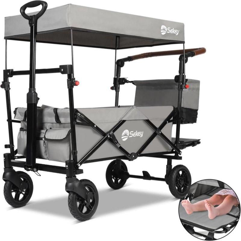 Sekey 110L / 150KG Foldable handcart with roof, push handle, foot brake, PU wheels