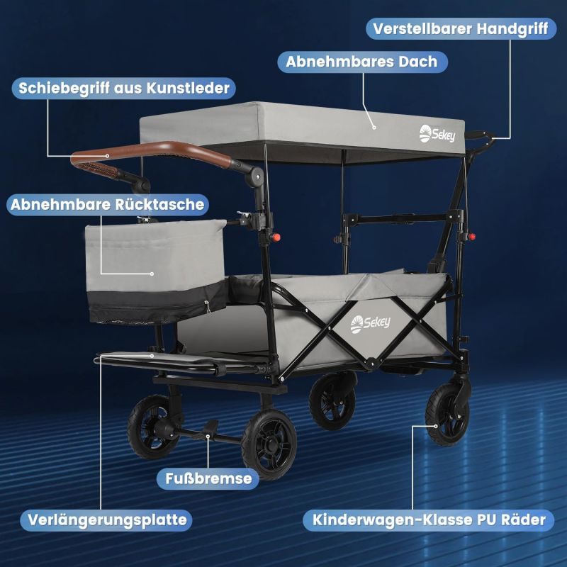 Sekey 110L / 150KG Foldable handcart with roof, push handle, foot brake, PU wheels