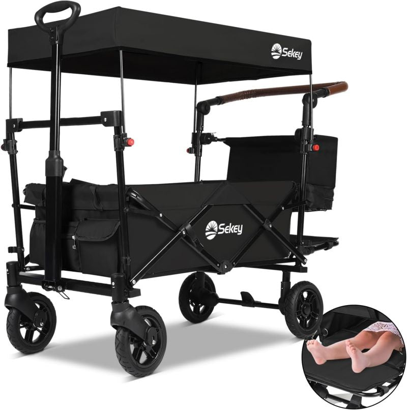 Sekey 110L / 150KG Foldable handcart with roof, push handle, foot brake, PU wheels