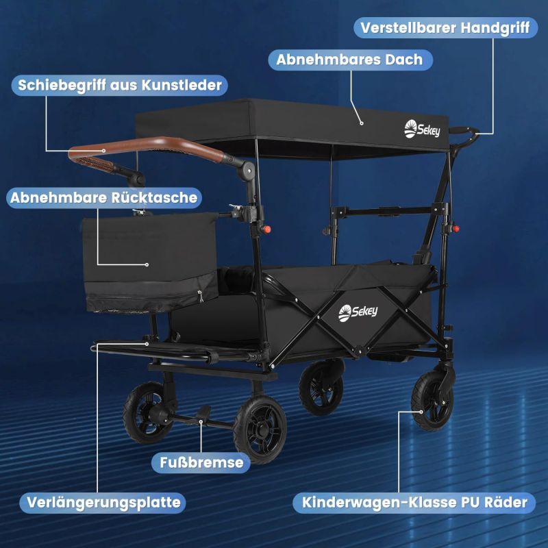 Sekey 110L / 150KG Foldable handcart with roof, push handle, foot brake, PU wheels