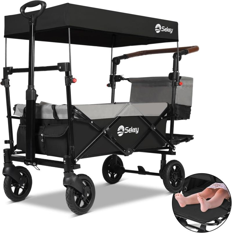 Sekey 110L / 150KG Foldable handcart with roof, push handle, foot brake, PU wheels