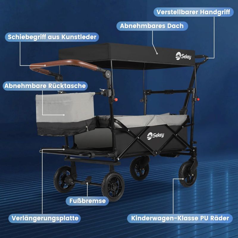 Sekey 110L / 150KG Foldable handcart with roof, push handle, foot brake, PU wheels