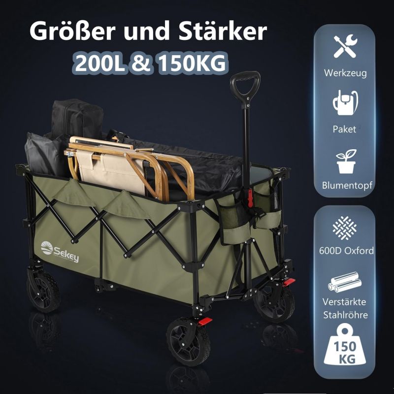 Sekey 200L / 150KG Foldable Handcart, Patented Foldable from Four Directions, with Brakes