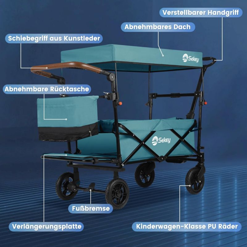 Sekey 110L / 150KG Foldable handcart with roof, push handle, foot brake, PU wheels