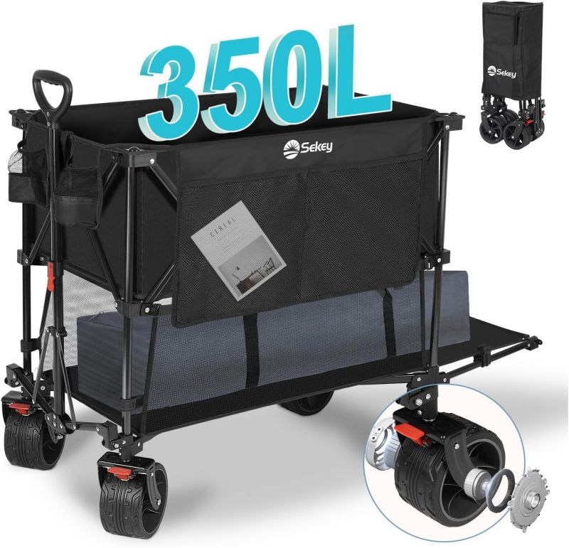 Sekey 350L / 120KG Double Folding Handcart, Patented Foldable from Four Directions, with Brakes and Extra Wide Wheels