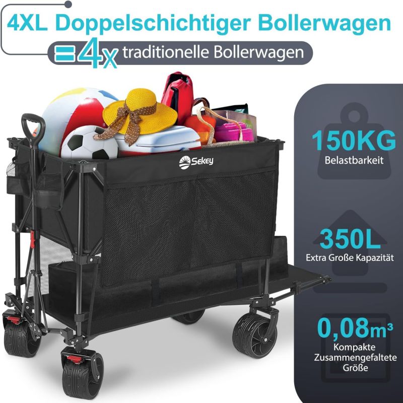 Sekey 350L / 120KG Double Folding Handcart, Patented Foldable from Four Directions, with Brakes and Extra Wide Wheels