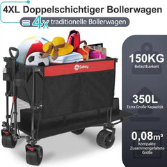 Sekey 350L / 120KG Doppel Faltbarer Bollerwagen, Patentiert Zusammenfaltbar aus Vier Richtungen, mit Bremsen und Extra Breiten Rädern Sekey
