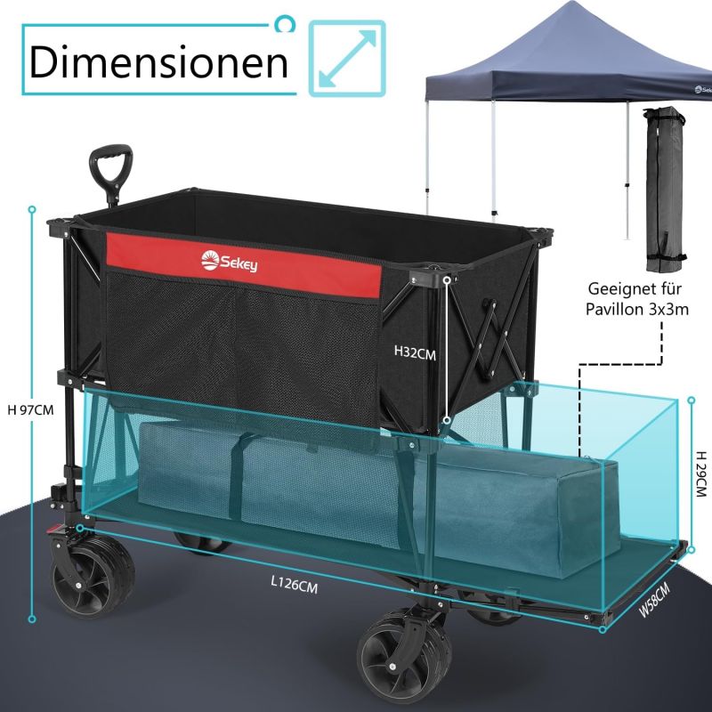 Sekey 350L / 120KG Double Folding Handcart, Patented Foldable from Four Directions, with Brakes and Extra Wide Wheels