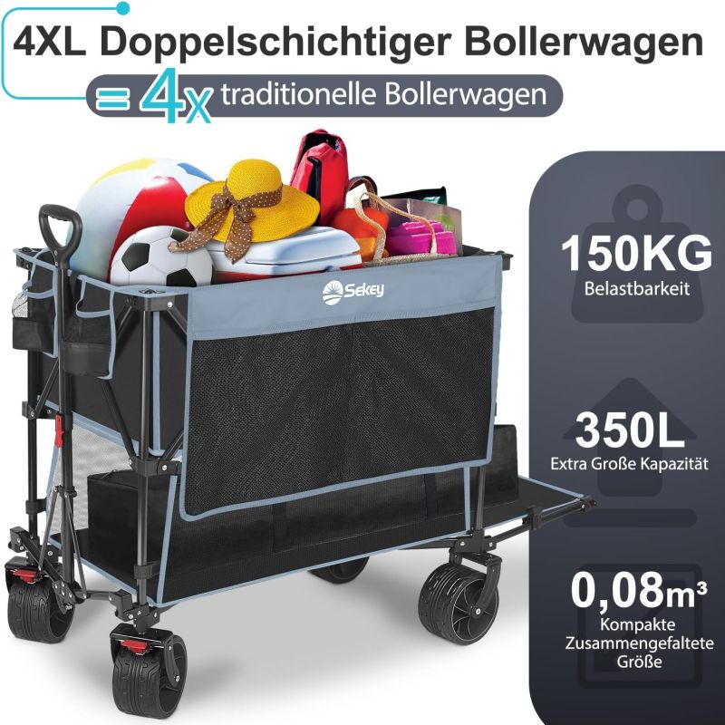 Sekey 350L / 120KG Double Folding Handcart, Patented Foldable from Four Directions, with Brakes and Extra Wide Wheels