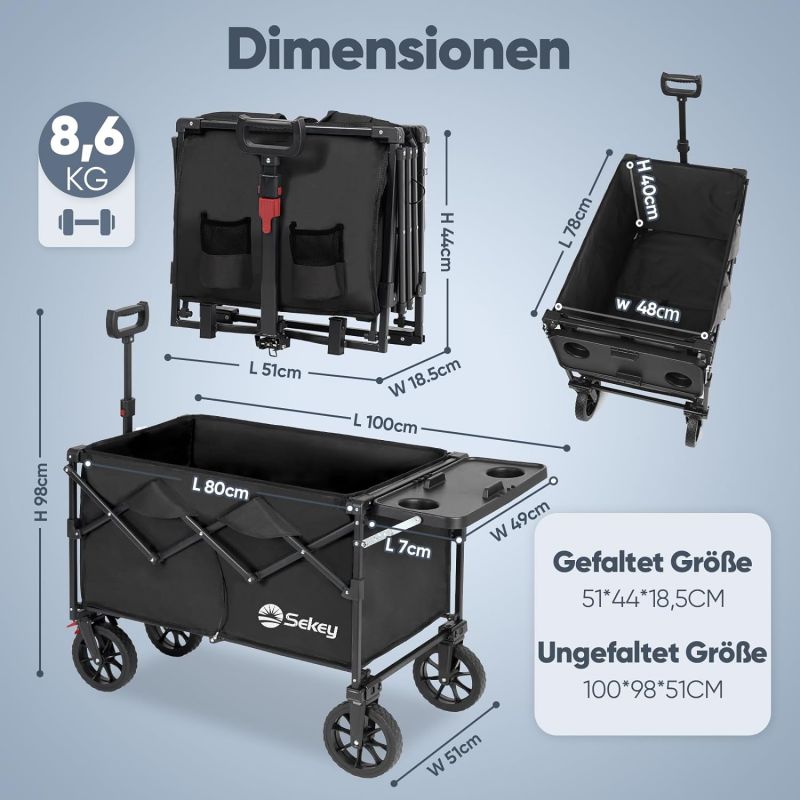 Sekey 150L / 150KG Foldable handcart, with brakes and foldable table top