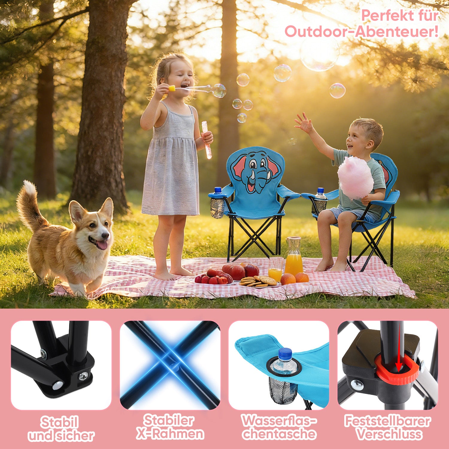 stabiler campingstuhl faltbar Sunula Kinder Klappstuhl Outdoor – Campingstuhl mit Elefant-Motiv Blau – sekeymall