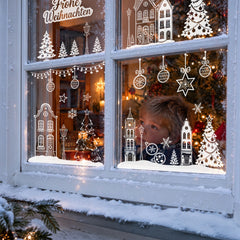 Salcar Weihnachts dekohäuschen Fensterbilder 9 Bögen – Winterliche Kanalhäuser, Tannenbäume & Schneeflocken, Wiederverwendbare Fenstersticker aus PVC für Fenster & Glas