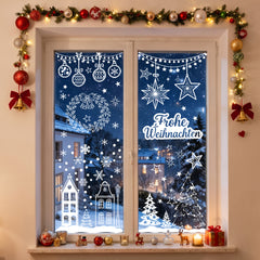 Salcar Weihnachts dekohäuschen Fensterbilder 9 Bögen – Winterliche Kanalhäuser, Tannenbäume & Schneeflocken, Wiederverwendbare Fenstersticker aus PVC für Fenster & Glas