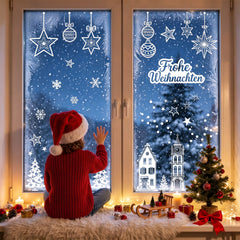 Salcar Weihnachts dekohäuschen Fensterbilder 9 Bögen – Winterliche Kanalhäuser, Tannenbäume & Schneeflocken, Wiederverwendbare Fenstersticker aus PVC für Fenster & Glas