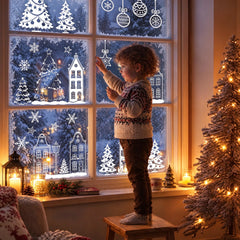 Salcar Weihnachts dekohäuschen Fensterbilder 9 Bögen – Winterliche Kanalhäuser, Tannenbäume & Schneeflocken, Wiederverwendbare Fenstersticker aus PVC für Fenster & Glas