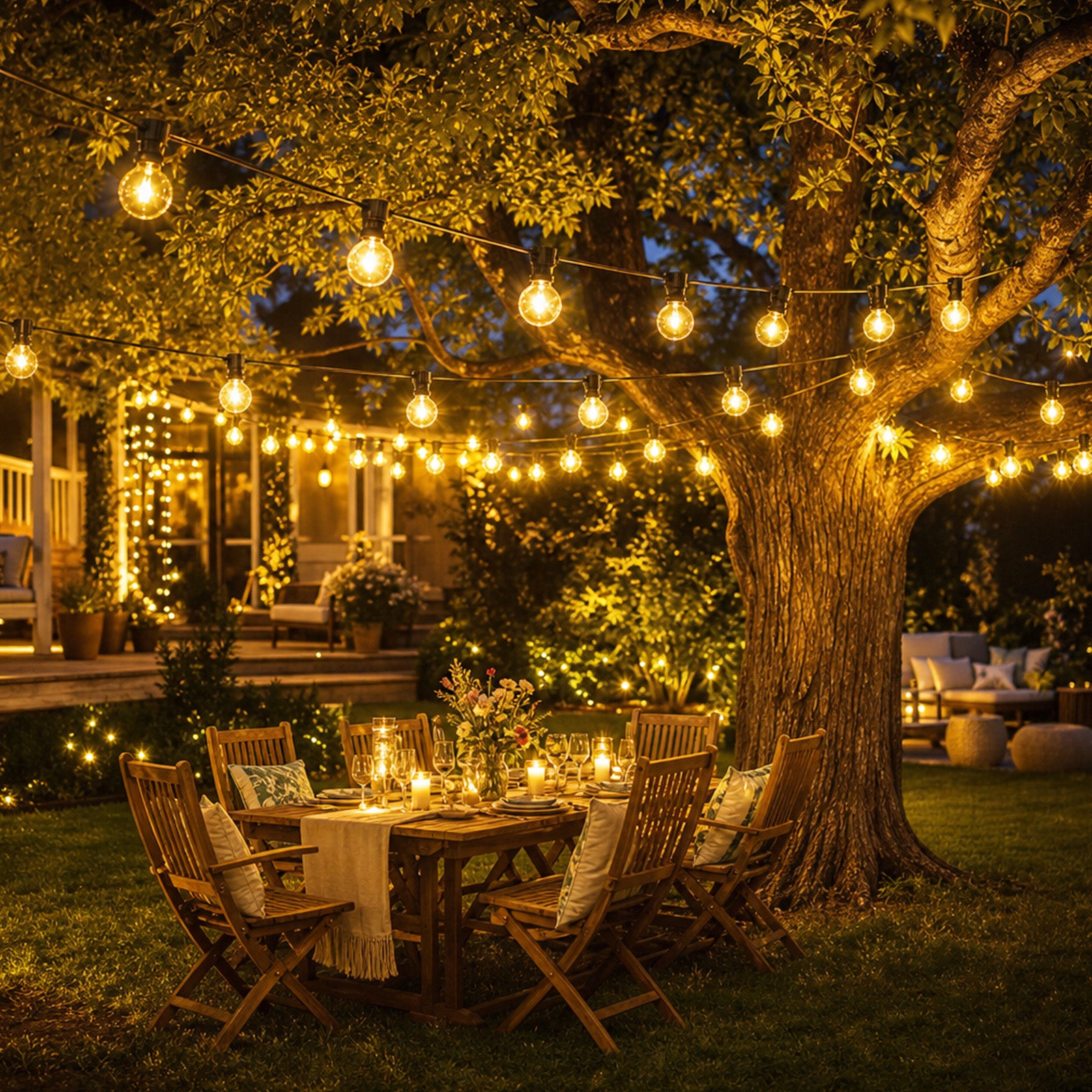 Stimmungsvolle Gartenbeleuchtung mit warmweißen G40 Glühlampen