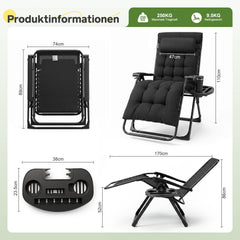 Sekey XXL Gartenliege klappbar – 74 cm breite Sonnenliege mit Polsterauflage, 3-fach verstellbarer Rückenlehne, Nackenkissen & Getränkehalter, bis 150 kg