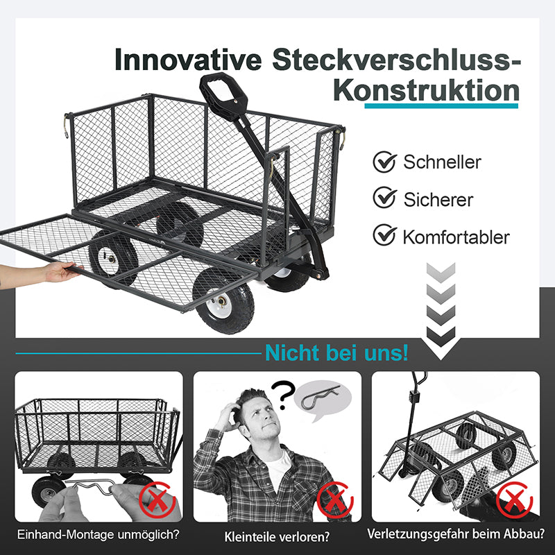 Sekey 200L / 500KG garden cart with removable side panels and solid rubber pneumatic tires