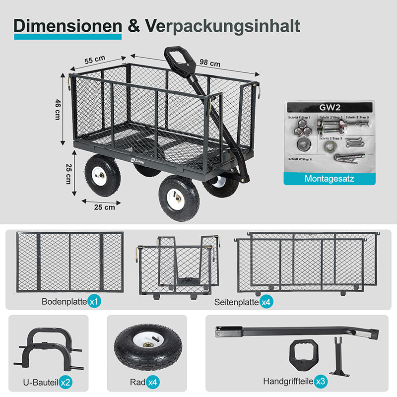 Sekey 200L / 500KG garden cart with removable side panels and solid rubber pneumatic tires