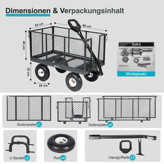 Sekey 200L / 500KG garden trolley with removable side panels and pneumatic tires 