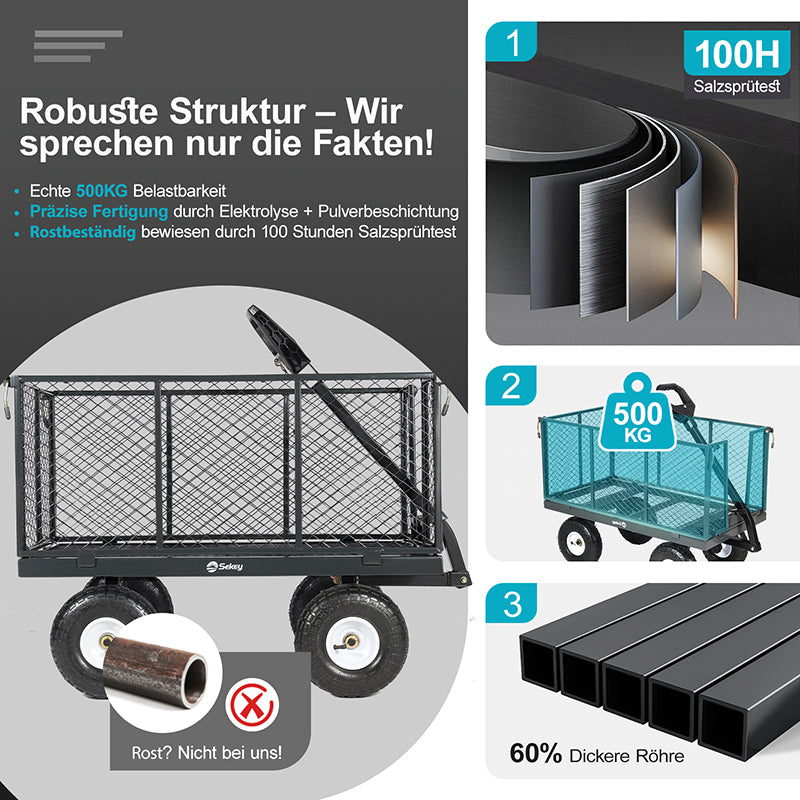 Sekey 200L / 500KG garden cart with removable side panels and solid rubber pneumatic tires